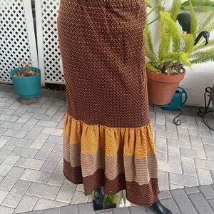 Kelita NY Vintage Long Skirt 1970s Women's Size S Brown Orange Geometric Print